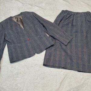 VTG Boston Traveler Gray Plaid Office Wool Academia Classic Suit Blazer Skirt 9